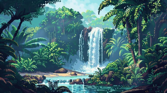 Pixel art of tropical rainforest, waterfall, 32bit retro style, dense foliage, flowing water, classic game graphics, lowangle perspective, detailed pixel scenery, tranquil setting