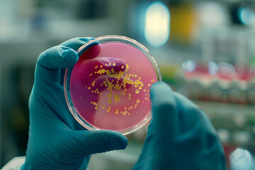 Scientist wearing gloves holding a petri dish with bacteria or virus in the laboratory. Ai generative