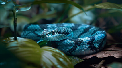 Fototapeta premium Blue viper snake closeup on branch with natural background, AI Generative