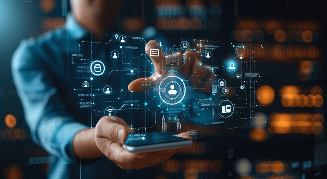 Businessman Using Virtual Screen for KYC Compliance in Financial Industry with Digital Identity Verification and Security Management