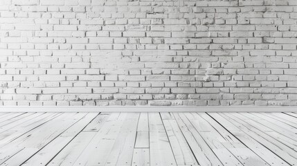 Fototapeta premium Whitewashed brick wall backdrop with wooden floor. Minimalist interior design background.