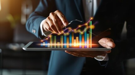 A businessman uses a tablet to analyze financial data, with a glowing graph representing growth and success.