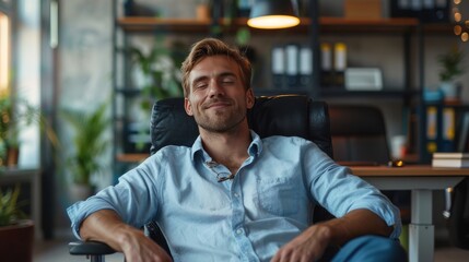 Obraz premium Serenity at Work: Light-Skinned Blonde Man Relaxing in a Modern Office