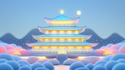 Fototapeta premium Luminous jade carving landscape ancient architecture palace illustration at night 