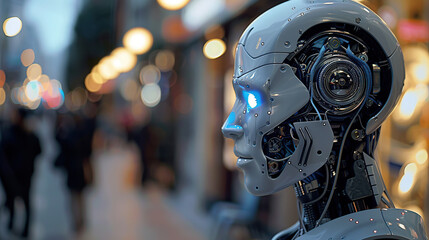 A humanoid robot with glowing blue eyes stands on the street, close-up profile of its head and shoulders against the background of an evening cityscape,