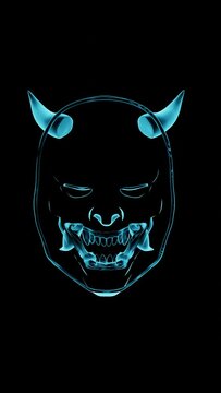 hologram blue neon mask,Hannya the traditional japanese demon Oni mask rotate animation ,4k vertical video