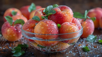 Peaches in a glass bowl, close-up on a wooden table setting.