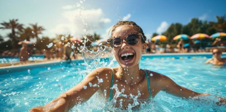 Portrait of happy woman at water park.