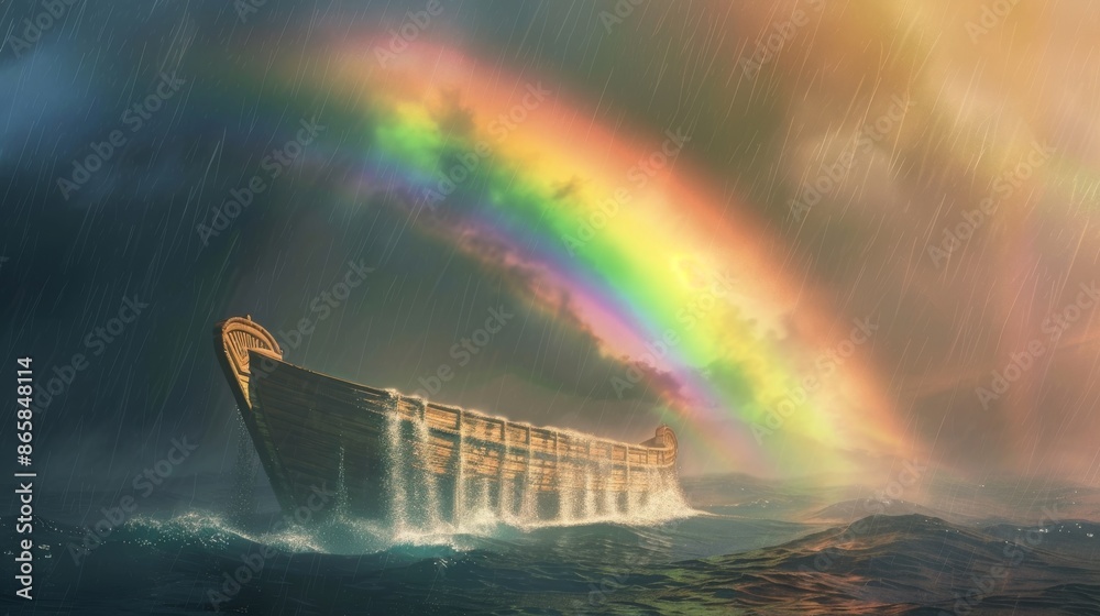 Wall mural rainbow over the noahs ark. bible story.