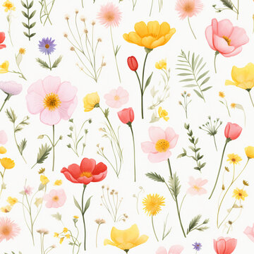  A seamless pattern of colorful wildflowers, including poppies and buttercups in pastel shades on a white background