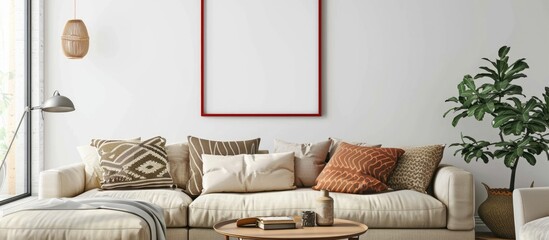 Cozy living room with red mock-up poster frame, beige sofa, patterned pillow, coffee table, and personal accessories.