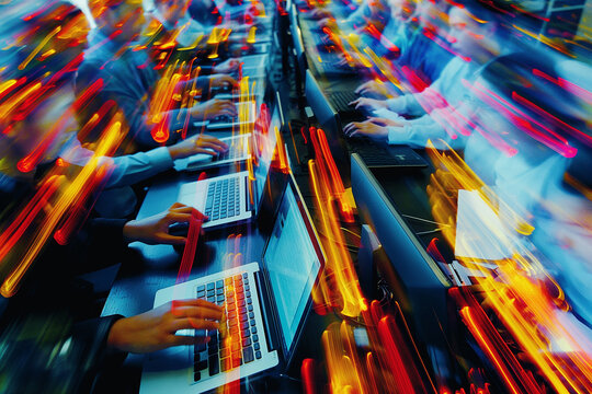 A dedicated cyber security team intensely monitors data on computer screens in a high-tech network operations center.