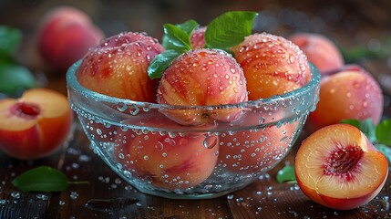 Close-up of a glass bowl filled with peaches on a wooden table.