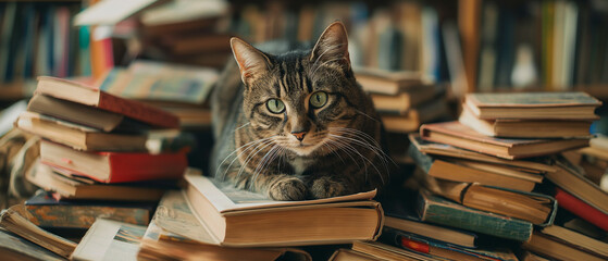 A curious tabby cat peeks through a mountain of old books, creating a charming scene of feline and literature.