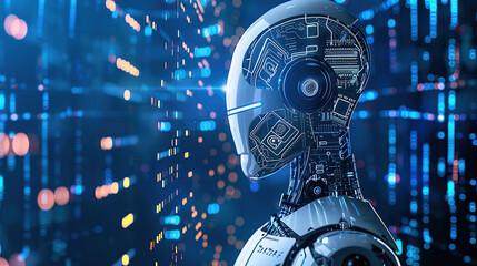 The AI robot looks at the smart screen