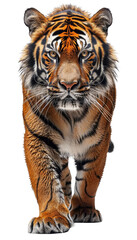 Obraz premium Close-up of a majestic tiger walking forward isolated on white background, showcasing its powerful stance and striking fur pattern.