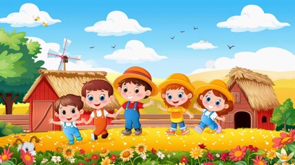 Obraz premium Farm Children Playing in the Farm Yard 