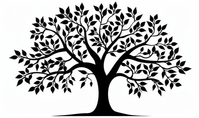 Vector illustration of a black silhouette tree with leaves.