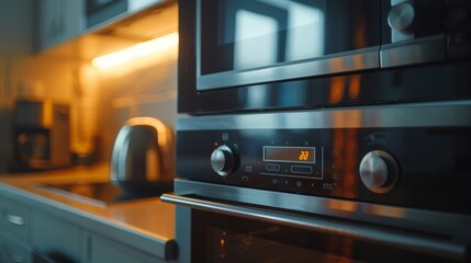 Fototapeta premium Modern Convenience: Close-Up of a Microwave with Clear Interface in a Clean Kitchen