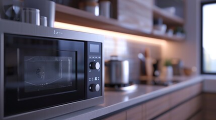 Modern Convenience: Close-Up of a Microwave with Clear Interface in a Clean Kitchen