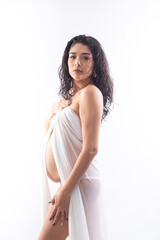 Pregnant portrait professional photo shoot pregnancy caucasian latin american woman big baby belly