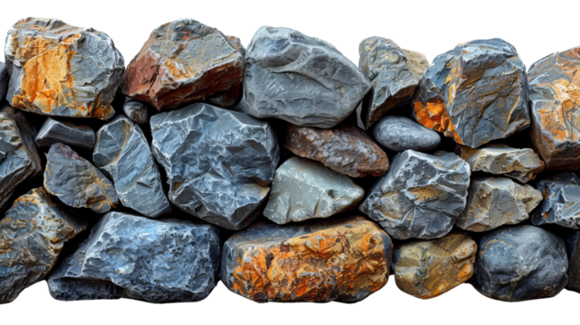 Close-up of a rustic stone wall showcasing various sizes and colors of natural rocks, providing a classic and durable appearance.