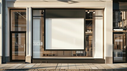 Mockup of outdoor sign displayed on shop window in horizontal orientation