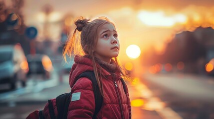 Fototapeta premium Adorable child walking home from school, cautiously checking before crossing at sunset