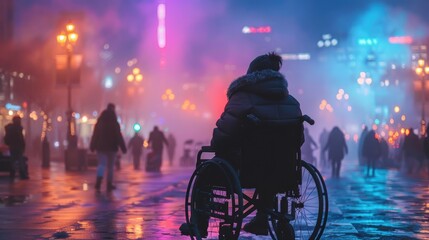 Silhouetted person in wheelchair on a rainy city street at night, vibrant neon lights and blurred pedestrians in the background.
