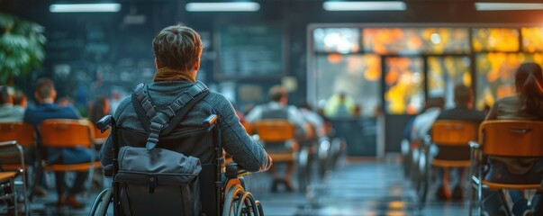 A person in a wheelchair attending a seminar in a modern, well-lit auditorium with other attendees, focusing on inclusion and accessibility.