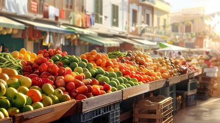 Obraz premium Colorful fruits and vegetables on display at an open-air market on a sunny day, showcasing the vibrancy of a local marketplace.