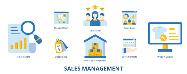 Sales Management Flat Banner Web Icon Set Vector Illustration, Sales Report Discount Tag Shopping Cart Sales Data Inventory Management Sales Team Customer Feed Back Product Display