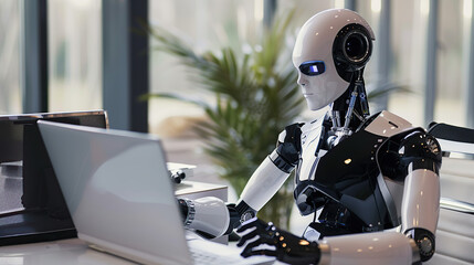 A humanoid robot sitting in an office chair, working on a laptop computer at a desk with a modern interior design