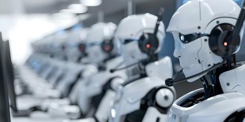 Robots answering calls in a call center for customer service. Concept Robotics, Customer Service, Call Center, Technology, Automation