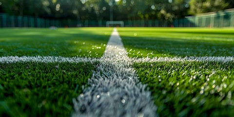 Synthetic green football field with white corner stripes for sports. Concept Sports Field Design, Synthetic Turf, Green Football Field, White Corner Stripes, Sports Venue