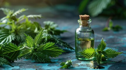 Stinging nettle essence for cosmetic oils extraction on dark background