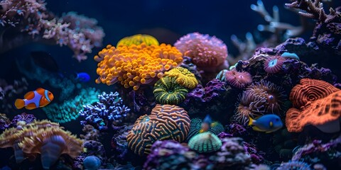 Obraz premium Vibrant coral reef scene in deep blue ocean with colorful marine life. Concept Underwater Photography, Marine Life, Coral Reefs, Ocean Exploration, Colorful Aquatic Species