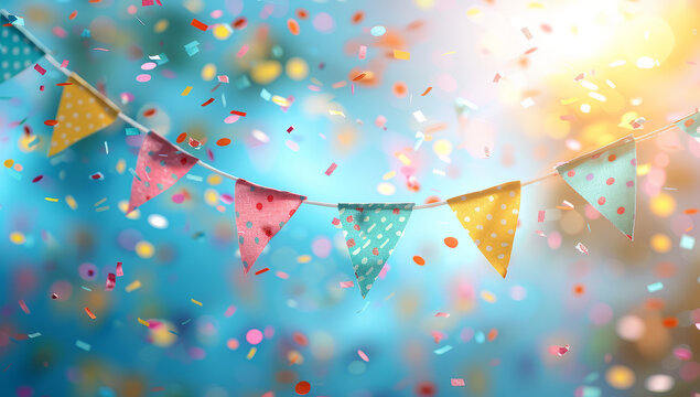 Garlands confetti Buntings Set Ribbons Flags Multicolored bunting pennant triangular ribbon flag frame border space adornment background raster illustration party event festive birthday