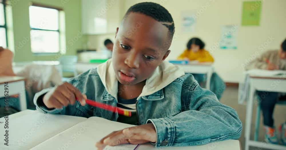 Poster School, mathematics and black child in classroom for learning, knowledge or answer to question. Thinking, student and boy kid with problem solving for addition, assessment or counting on hand at desk