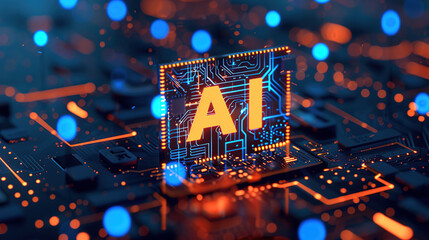 A glowing blue holographic text "AI" with an AI sphere icon surrounded by complex neural networks and digital data connections on a dark background