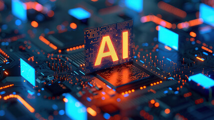 A glowing blue holographic text "AI" with an AI sphere icon surrounded by complex neural networks and digital data connections on a dark background