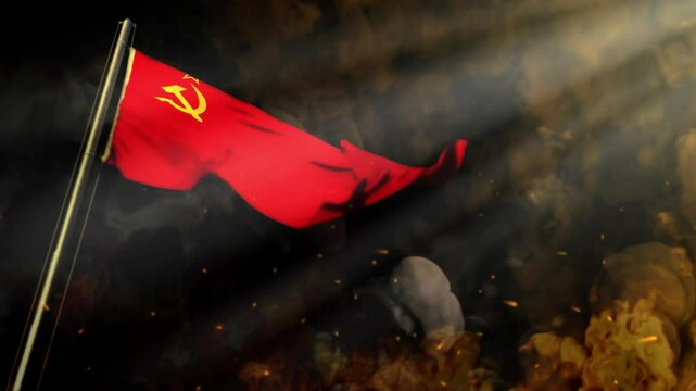 waving Soviet Union (USSR, SSSR) flag on smoke and fire with sun beams - disaster concept