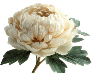 Elegant beige peony with lush green leaves, beautifully showcasing the intricate petal design. Perfect for backgrounds and floral designs.