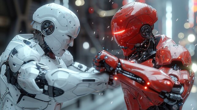 A robot kung fu master displaying precise movements against a cyberpunk city backdrop