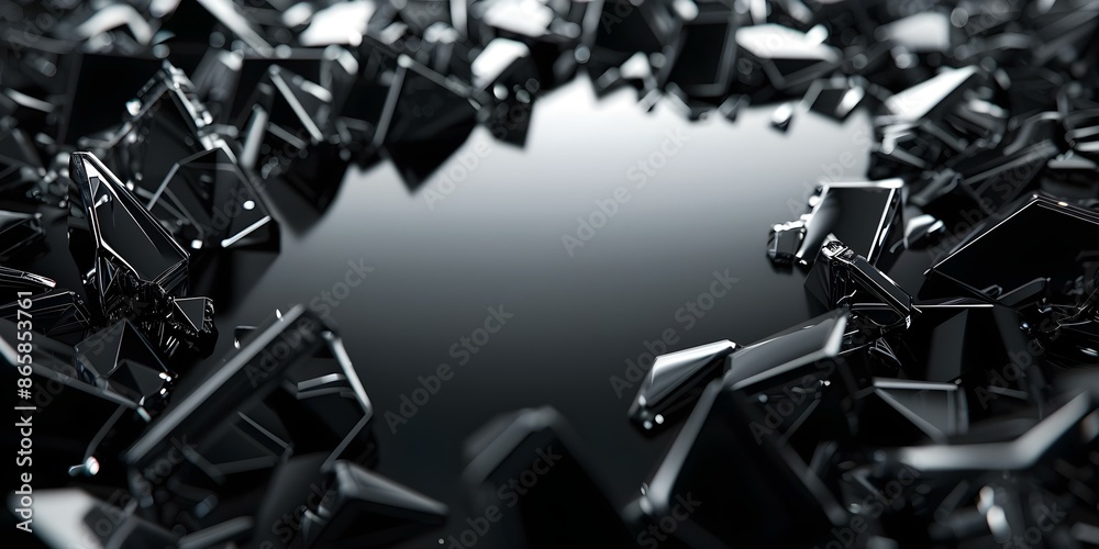 Poster black metallic shards emerge from surface creating abstract design on 32 monitor. concept technology