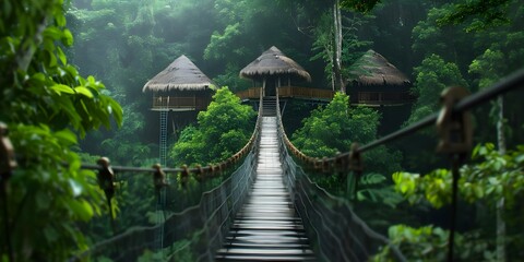 Tree house village in dense forest connected by suspended bridges and ziplines. Concept Adventure, Nature, Treehouses, Forest, Suspended Bridges