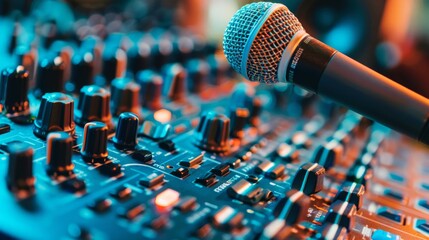 Close up microphone and audio mixer in recording studio for sound control and music instruments