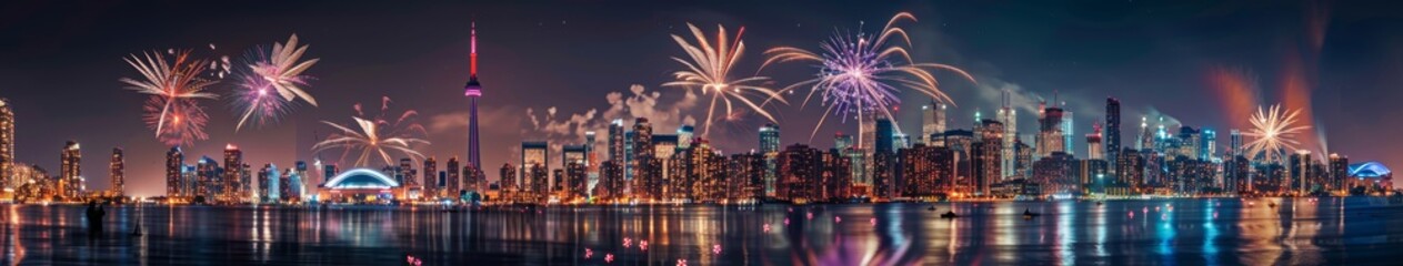 Spectacular Canada Day Fireworks Display Illuminating the Night Sky with Maple Leaf Patterns and City Skyline, Celebrating National Pride and Festive Atmosphere, AI-Generated High-Resolution Wallpaper