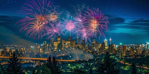 Fototapeta premium Spectacular Canada Day Fireworks Display Illuminating the Night Sky with Maple Leaf Patterns and City Skyline, Celebrating National Pride and Festive Atmosphere, AI-Generated High-Resolution Wallpaper