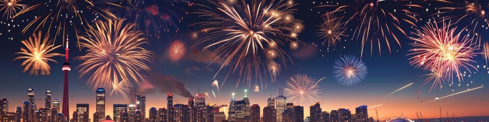 Fototapeta premium Spectacular Canada Day Fireworks Display Illuminating the Night Sky with Maple Leaf Patterns and City Skyline, Celebrating National Pride and Festive Atmosphere, AI-Generated High-Resolution Wallpaper